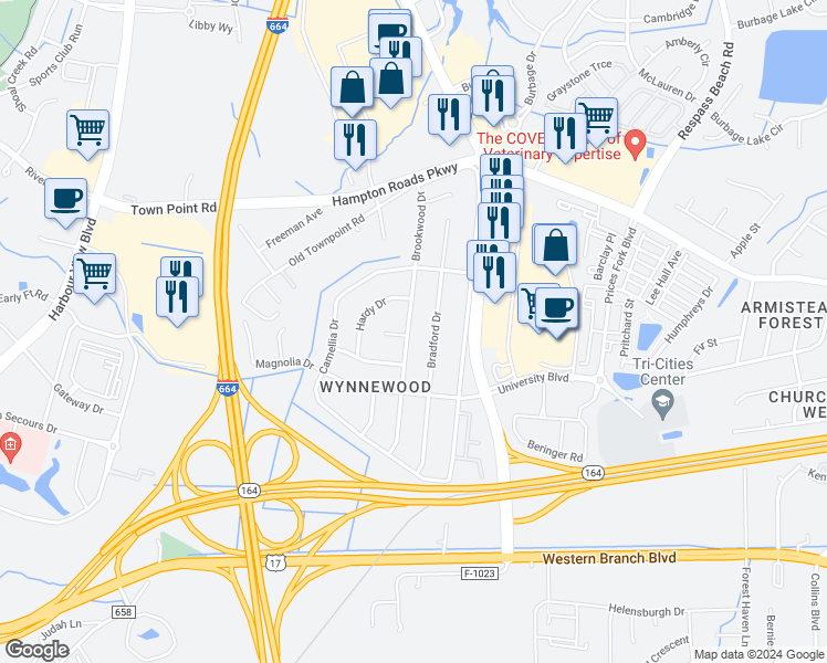 map of restaurants, bars, coffee shops, grocery stores, and more near 6032 Brookwood Drive in Suffolk