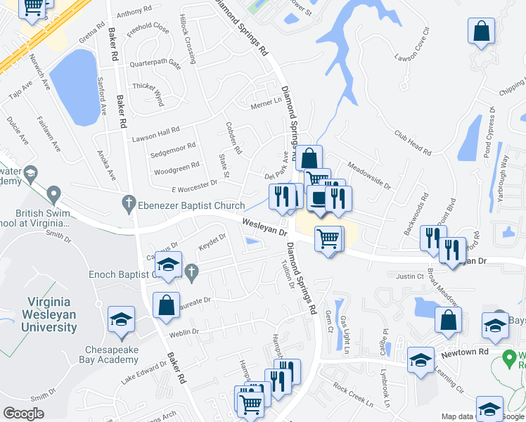 map of restaurants, bars, coffee shops, grocery stores, and more near 5620 Wesleyan Drive in Virginia Beach