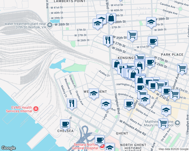 map of restaurants, bars, coffee shops, grocery stores, and more near 1412 Woodrow Avenue in Norfolk