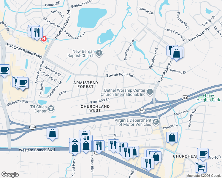 map of restaurants, bars, coffee shops, grocery stores, and more near 25 Old Church Circle in Portsmouth