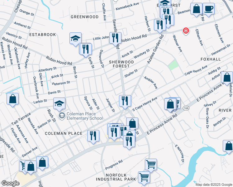 map of restaurants, bars, coffee shops, grocery stores, and more near 4702 Winthrop Street in Norfolk