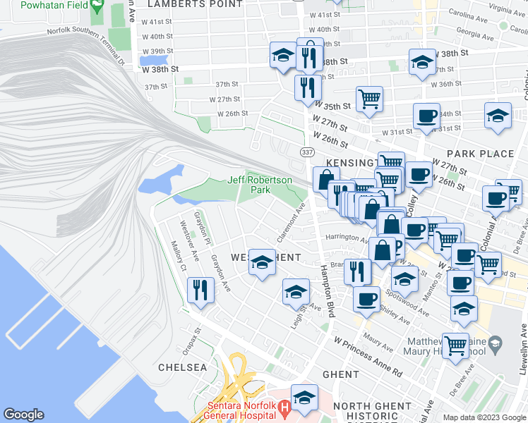 map of restaurants, bars, coffee shops, grocery stores, and more near 1913 North Brandon Avenue in Norfolk