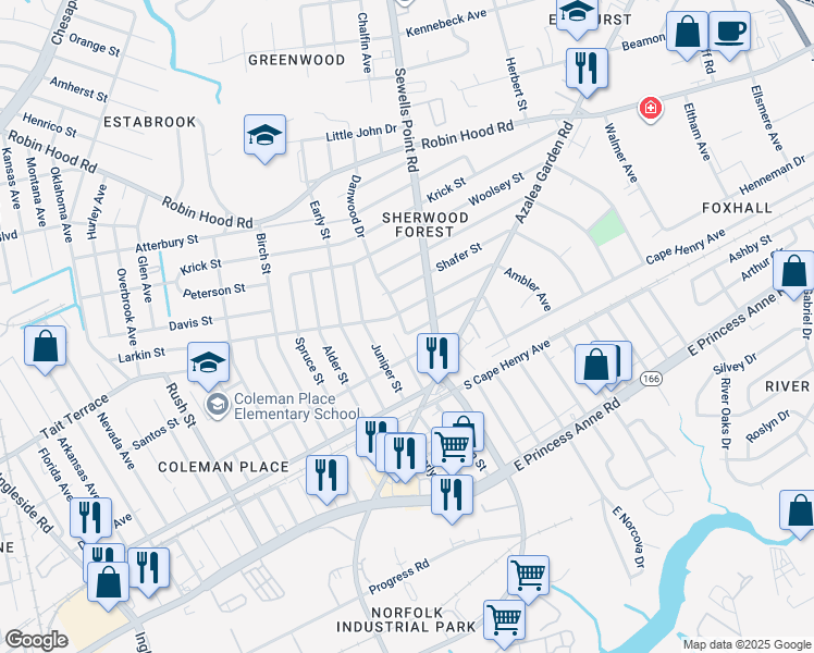 map of restaurants, bars, coffee shops, grocery stores, and more near 4702 Winthrop Street in Norfolk