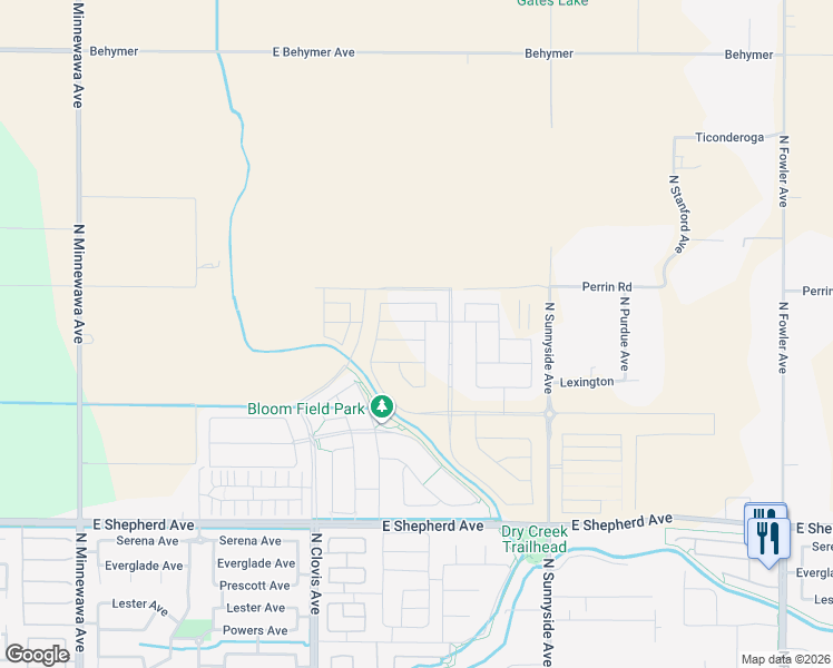 map of restaurants, bars, coffee shops, grocery stores, and more near 1039 Plum Tree Avenue in Clovis