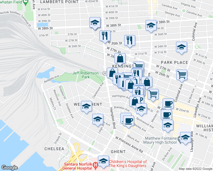 map of restaurants, bars, coffee shops, grocery stores, and more near 1004 Azalea Court in Norfolk