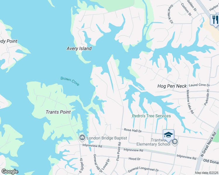 map of restaurants, bars, coffee shops, grocery stores, and more near 1308 Holly Point Road in Virginia Beach