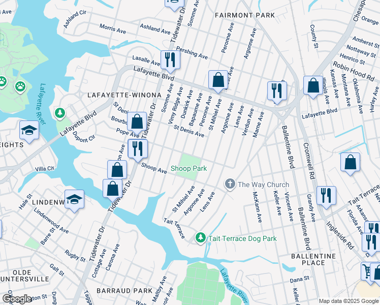 map of restaurants, bars, coffee shops, grocery stores, and more near 2901 Peronne Avenue in Norfolk
