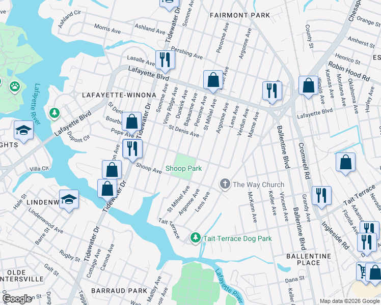 map of restaurants, bars, coffee shops, grocery stores, and more near 2904 Peronne Avenue in Norfolk
