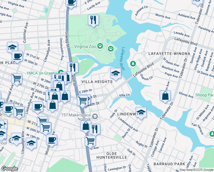 map of restaurants, bars, coffee shops, grocery stores, and more near 911 East 29th Street in Norfolk