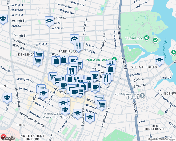 map of restaurants, bars, coffee shops, grocery stores, and more near 318 West 26th Street in Norfolk