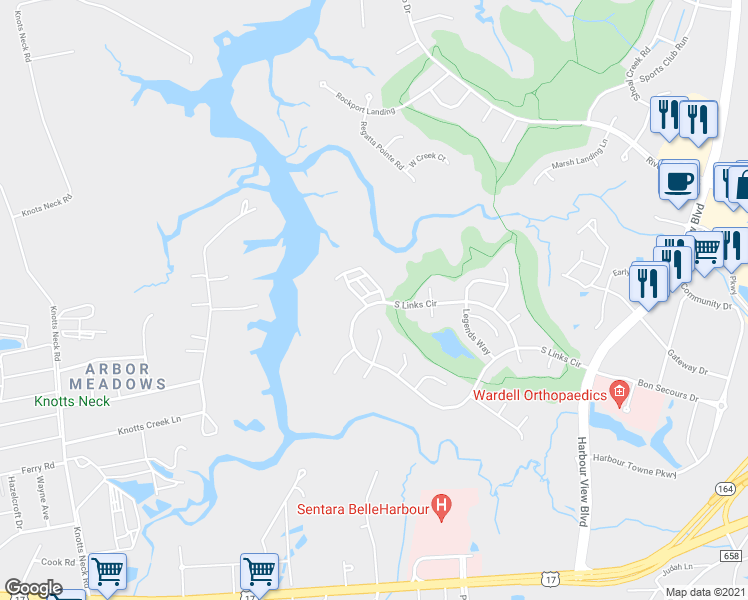 map of restaurants, bars, coffee shops, grocery stores, and more near 5103 South Links Circle in Suffolk