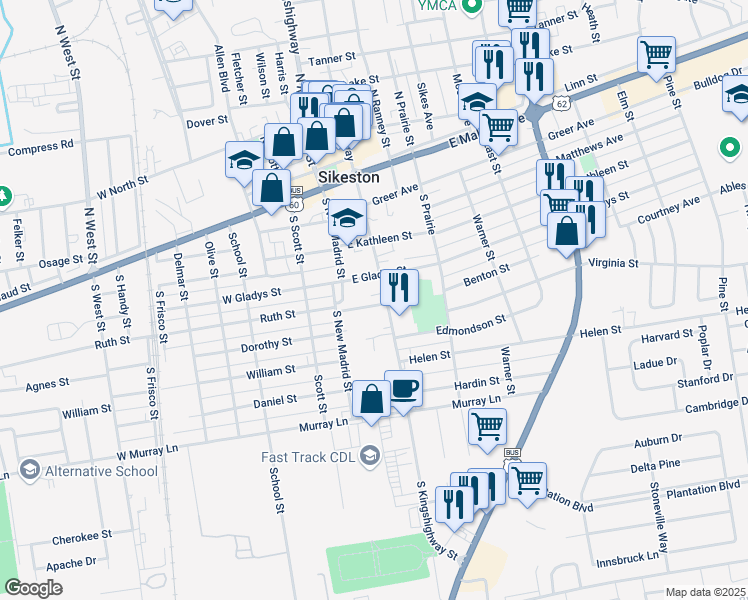map of restaurants, bars, coffee shops, grocery stores, and more near 113 East Gladys Street in Sikeston