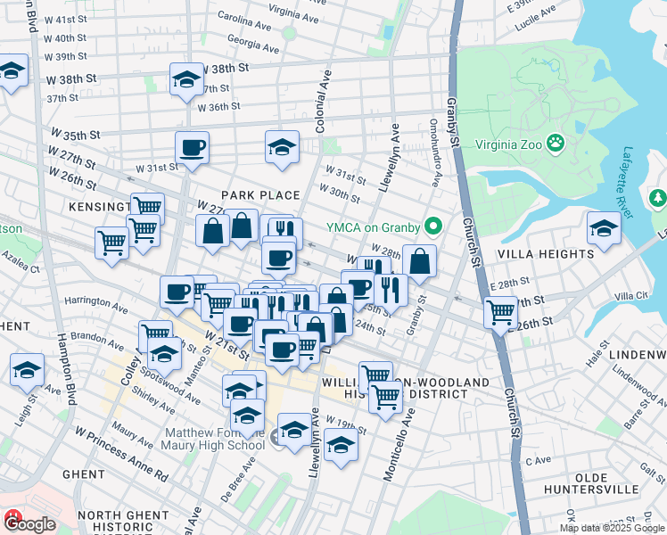 map of restaurants, bars, coffee shops, grocery stores, and more near 318 West 26th Street in Norfolk