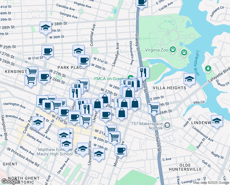 map of restaurants, bars, coffee shops, grocery stores, and more near 216 West 27th Street in Norfolk