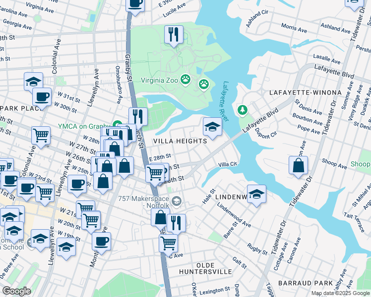 map of restaurants, bars, coffee shops, grocery stores, and more near 911 East 29th Street in Norfolk