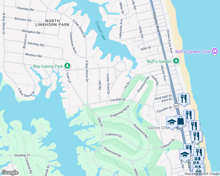 map of restaurants, bars, coffee shops, grocery stores, and more near 1124 Crystal Lake Drive in Virginia Beach