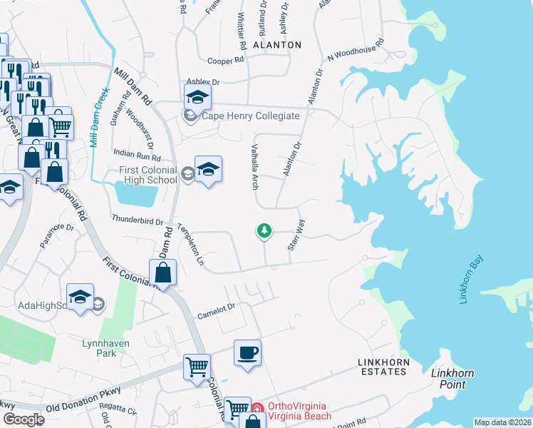 map of restaurants, bars, coffee shops, grocery stores, and more near 1776 Valhalla Arch in Virginia Beach