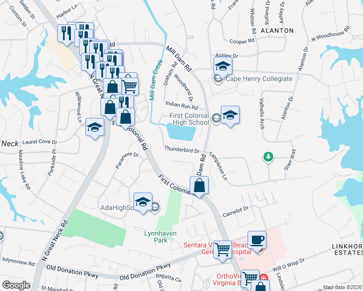 map of restaurants, bars, coffee shops, grocery stores, and more near 1924 Thunderbird Drive in Virginia Beach