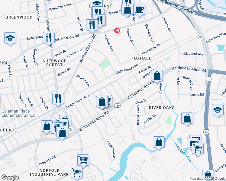 map of restaurants, bars, coffee shops, grocery stores, and more near 1541 Nelms Avenue in Norfolk