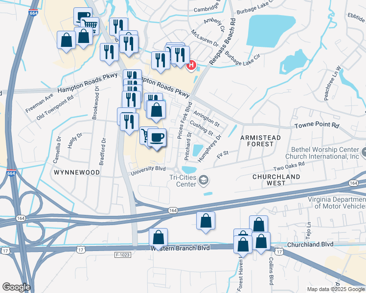 map of restaurants, bars, coffee shops, grocery stores, and more near 4158 Pritchard Street in Suffolk