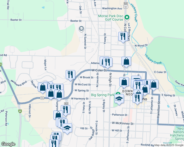 map of restaurants, bars, coffee shops, grocery stores, and more near 600-698 West Coler Street in Neosho