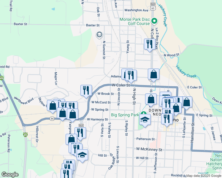 map of restaurants, bars, coffee shops, grocery stores, and more near 600 West Coler Street in Neosho