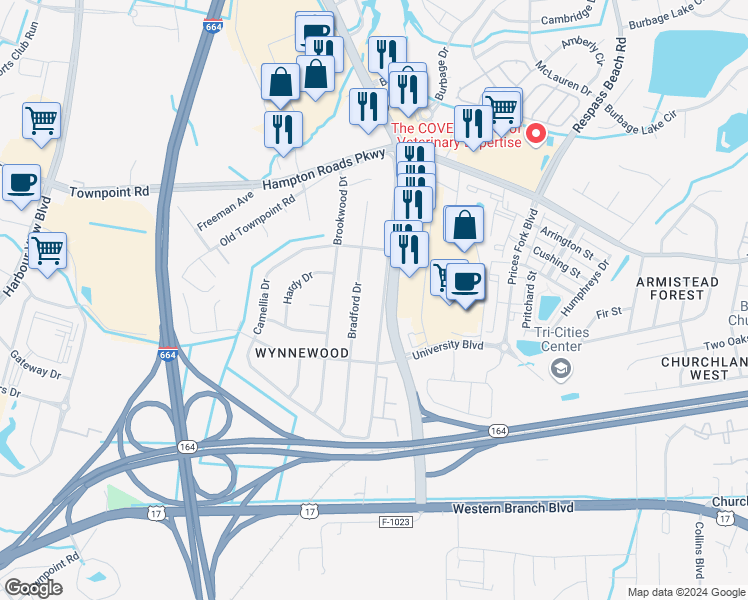 map of restaurants, bars, coffee shops, grocery stores, and more near 6037 Old College Drive in Suffolk