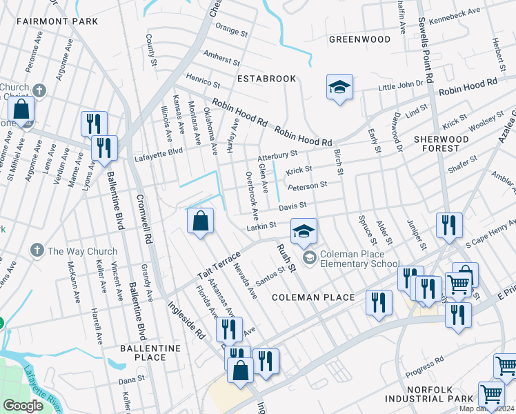 map of restaurants, bars, coffee shops, grocery stores, and more near 3742 Davis Street in Norfolk