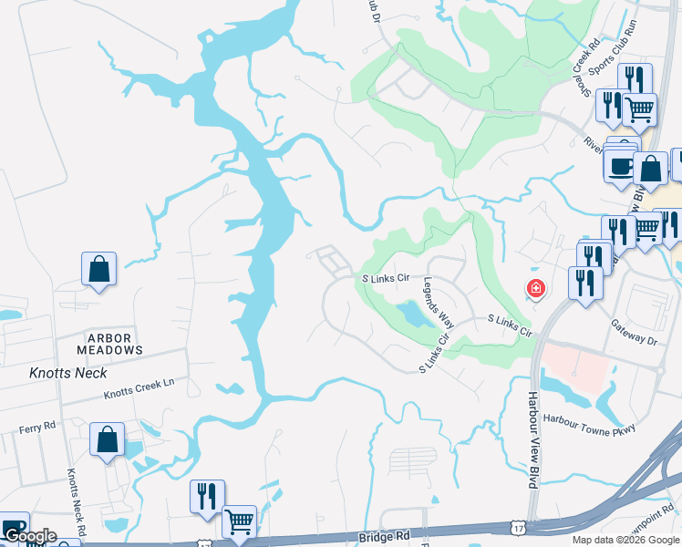 map of restaurants, bars, coffee shops, grocery stores, and more near 2008 Soundings Crescent Court in Suffolk