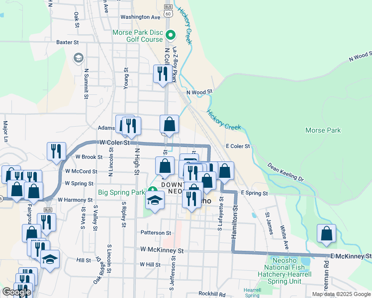 map of restaurants, bars, coffee shops, grocery stores, and more near 400-498 N Jefferson St in Neosho