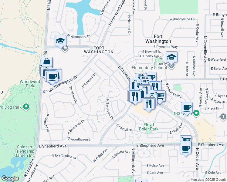 map of restaurants, bars, coffee shops, grocery stores, and more near 9436 North Saybrook Drive in Fresno