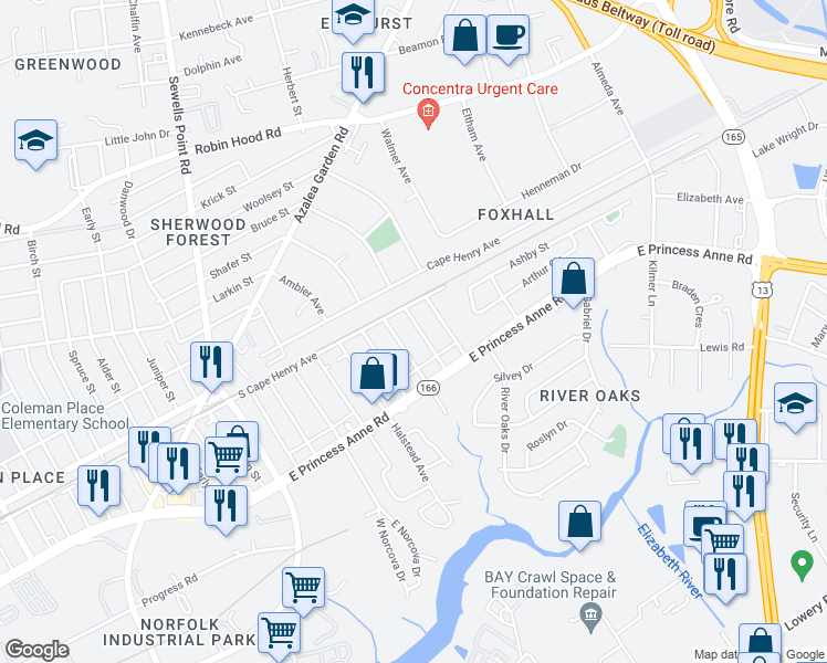 map of restaurants, bars, coffee shops, grocery stores, and more near 1541 Nelms Avenue in Norfolk