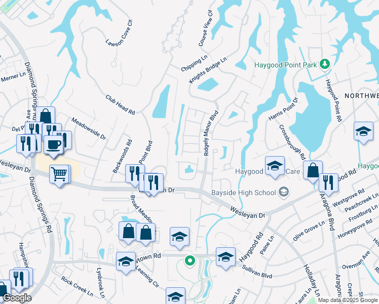 map of restaurants, bars, coffee shops, grocery stores, and more near Tamworth Place in Virginia Beach