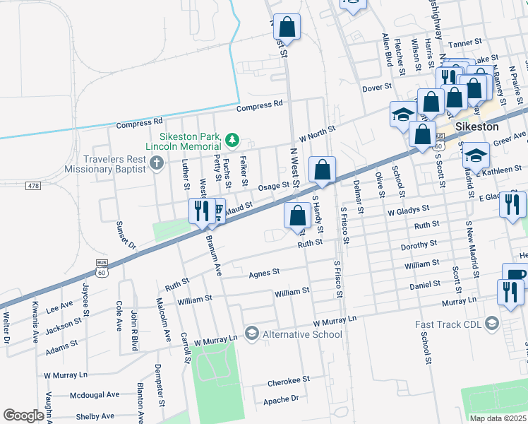 map of restaurants, bars, coffee shops, grocery stores, and more near 851 West Malone Avenue in Sikeston