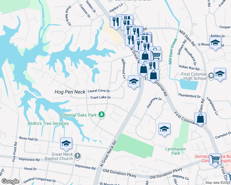 map of restaurants, bars, coffee shops, grocery stores, and more near 2225 Laurel Cove Drive in Virginia Beach