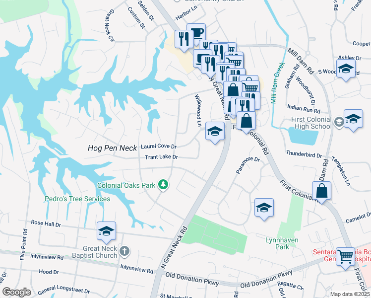 map of restaurants, bars, coffee shops, grocery stores, and more near 2225 Laurel Cove Drive in Virginia Beach