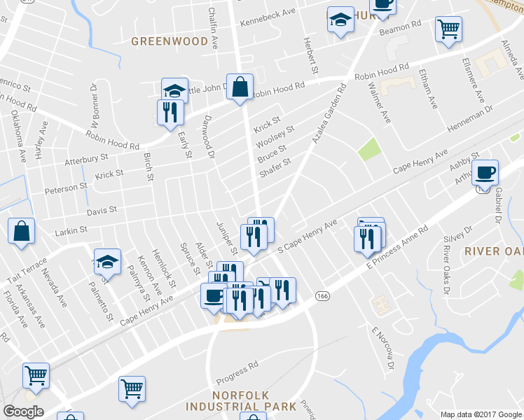 map of restaurants, bars, coffee shops, grocery stores, and more near 2414 Sewells Point Road in Norfolk