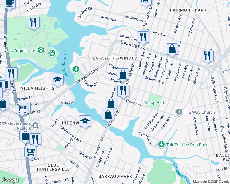 map of restaurants, bars, coffee shops, grocery stores, and more near 2738 Jason Avenue in Norfolk