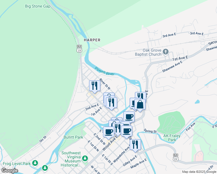 map of restaurants, bars, coffee shops, grocery stores, and more near 500 East Boulevard North in Big Stone Gap