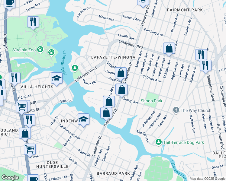 map of restaurants, bars, coffee shops, grocery stores, and more near 2738 Jason Avenue in Norfolk