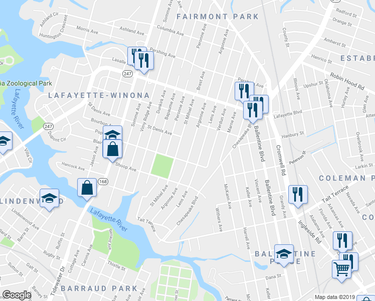 map of restaurants, bars, coffee shops, grocery stores, and more near 2919 Argonne Avenue in Norfolk