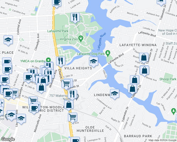 map of restaurants, bars, coffee shops, grocery stores, and more near 2623 Waverly Way in Norfolk