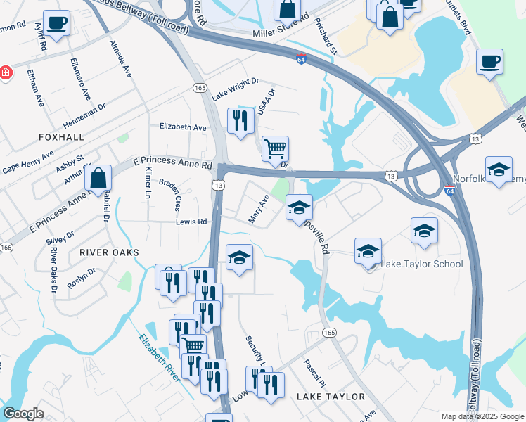 map of restaurants, bars, coffee shops, grocery stores, and more near 1457 Kempsville Road in Norfolk