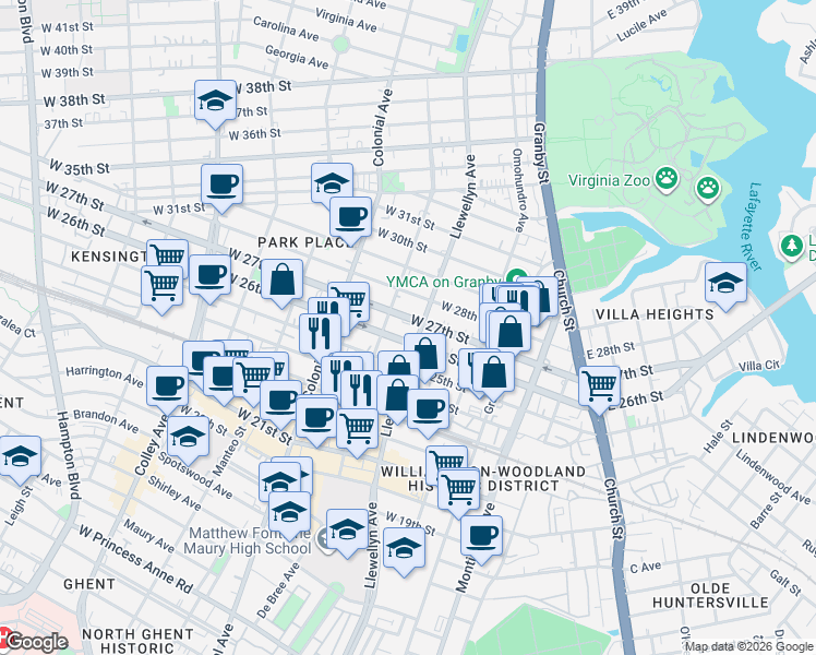 map of restaurants, bars, coffee shops, grocery stores, and more near 306 West 27th Street in Norfolk