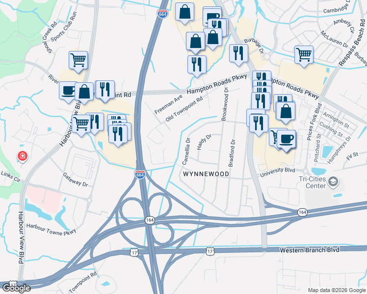 map of restaurants, bars, coffee shops, grocery stores, and more near 6029 Camellia Drive in Suffolk