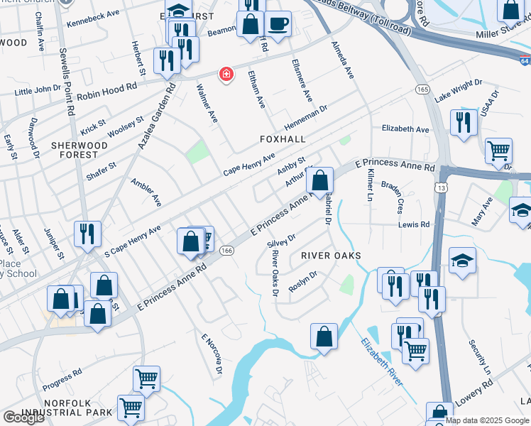 map of restaurants, bars, coffee shops, grocery stores, and more near 5224 East Princess Anne Road in Norfolk