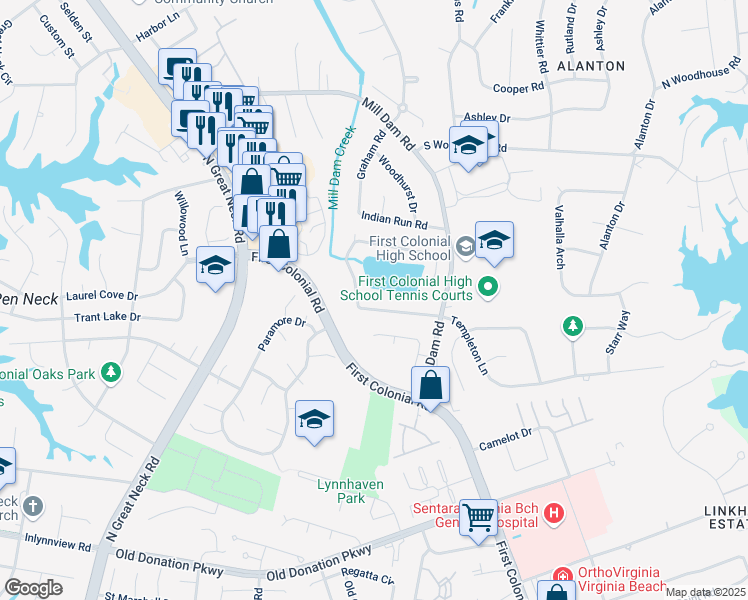 map of restaurants, bars, coffee shops, grocery stores, and more near 1924 Thunderbird Drive in Virginia Beach