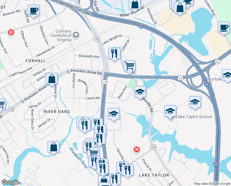 map of restaurants, bars, coffee shops, grocery stores, and more near 1424 Dure Road in Norfolk