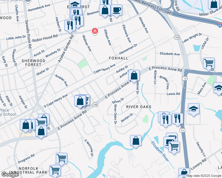 map of restaurants, bars, coffee shops, grocery stores, and more near 5224 East Princess Anne Road in Norfolk
