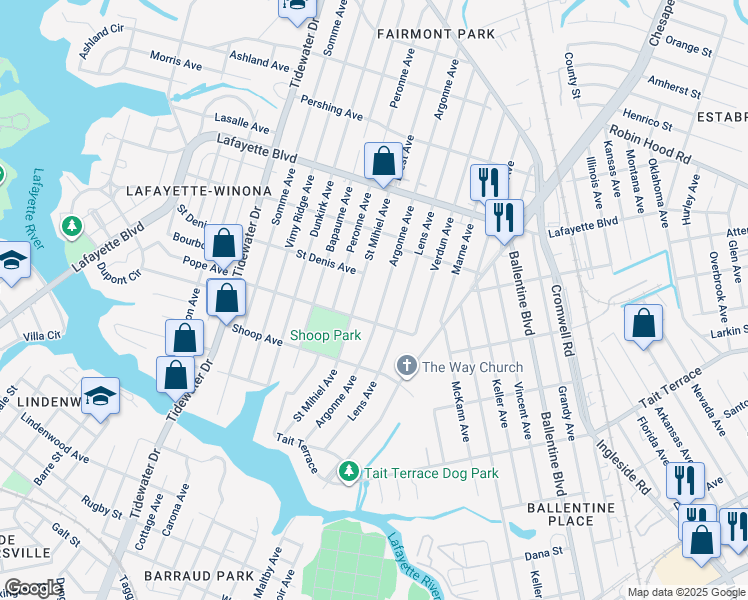 map of restaurants, bars, coffee shops, grocery stores, and more near 2919 Argonne Avenue in Norfolk